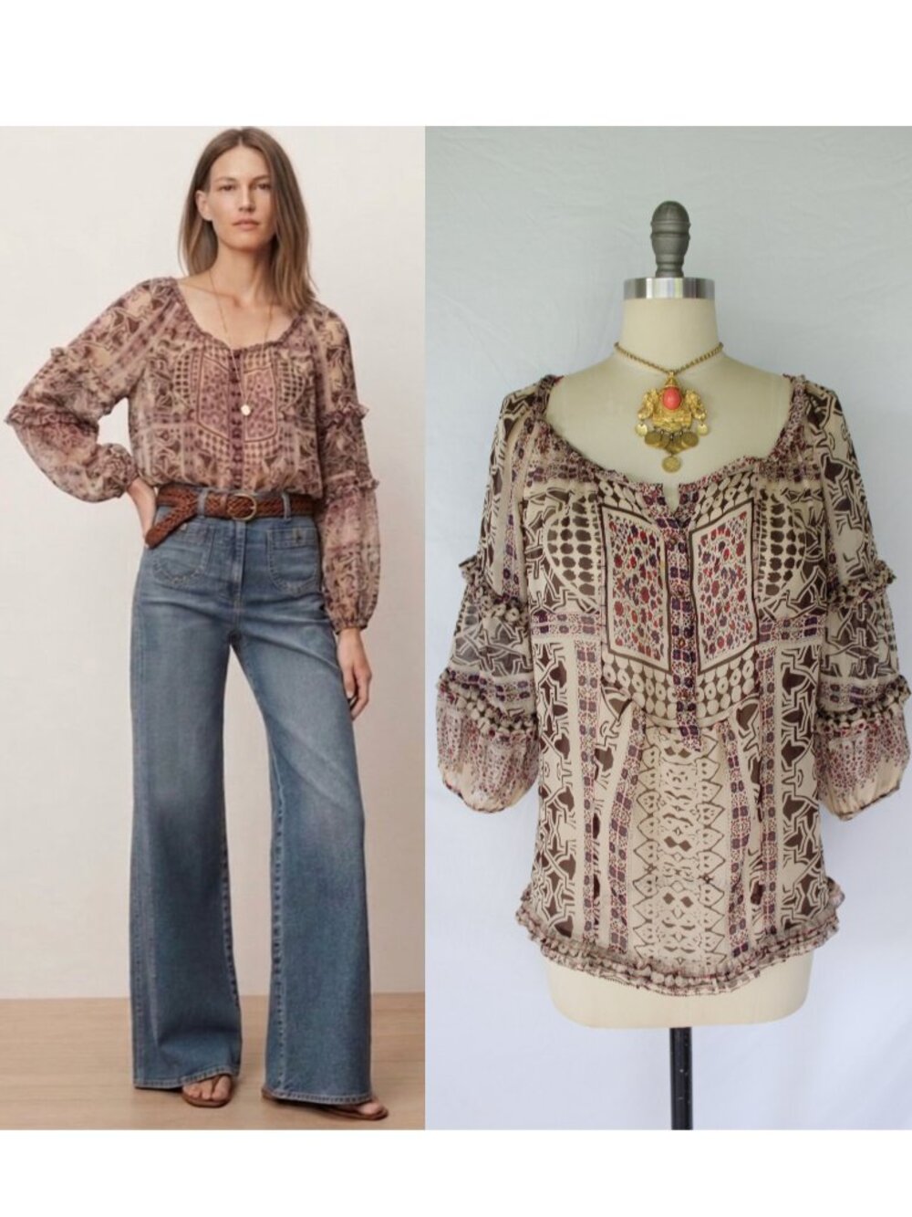 DIANE VON FURSTENBERG DVF Finn peasant brown Boho silk dress blouse tunic $295 2